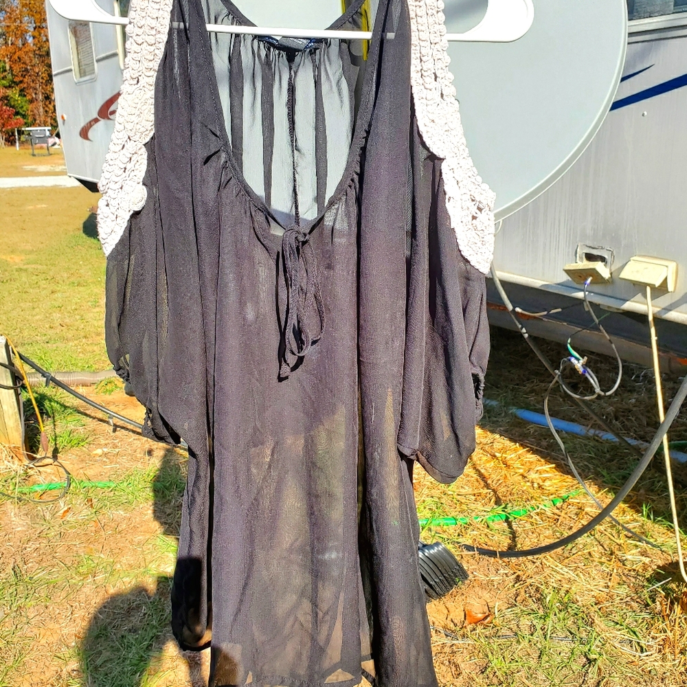See through cold shoulder blouse
